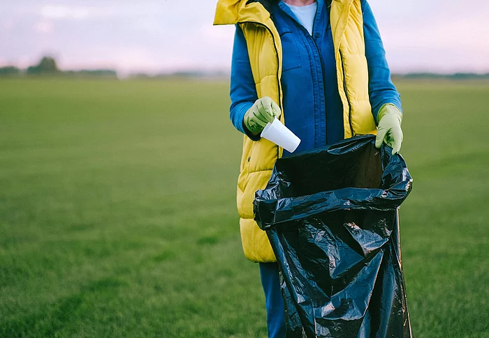 Mensch sammelt Müll